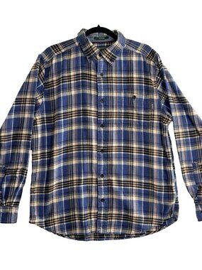 WOOLRICH Men Trout Run Plaid Long Sleeve Flannel Shirt Blue Sz L Camping 93-3